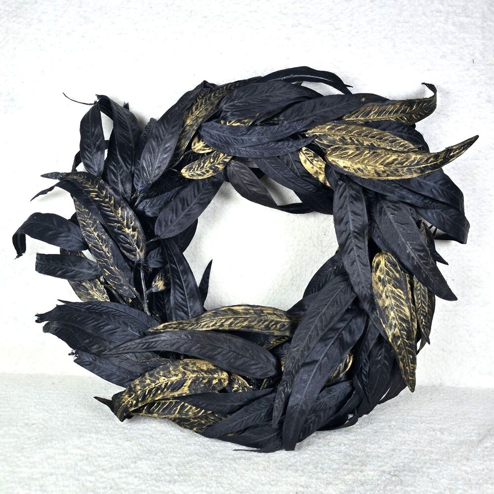Black and Gold Faux Leaf Feather Wreath Gothic Halloween Fall Dark 14 in
